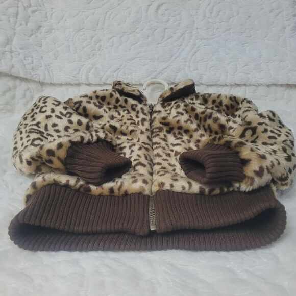 Kids HQ Faux Fur Bomber Jacket Leopard Print Knit Waist Cuffs Full Zip 4 - Picture 4 of 8